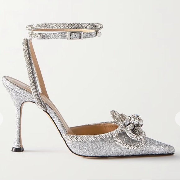 MACH & MACH Shoes - New Mach & Mach Double Bow Crystal-Embellished Silver Glitter Pumps Size 36